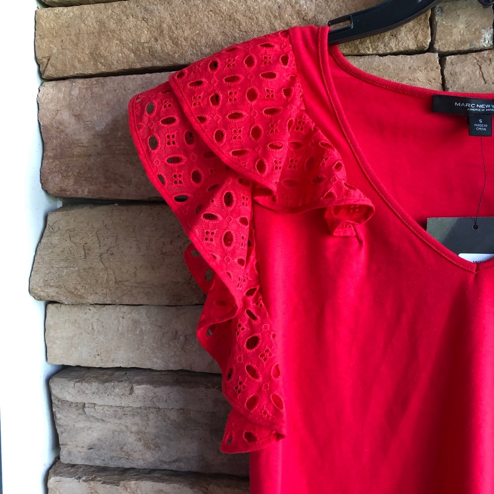 Marc New York Andrew Marc red short ruffle sleeve v-neck blouse top NWT Small - Picture 3 of 8